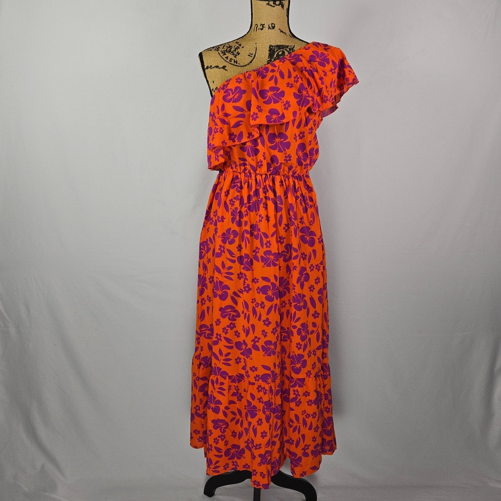 One Shoulder Tropical Maxi Dress S Orange Purple Hibiscus‎ Floral Ruffle Tiered